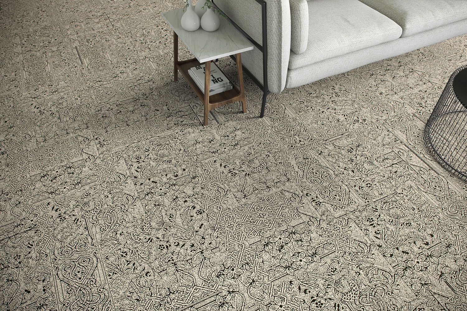 Detail of Interface DL924 carpet tile with couch and end table with vases image number 3